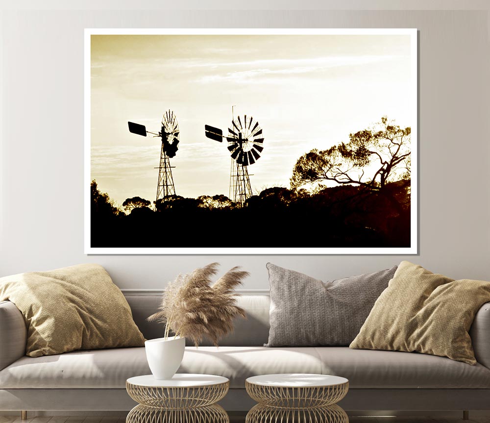 Windmills Sepia Print Poster Wall Art