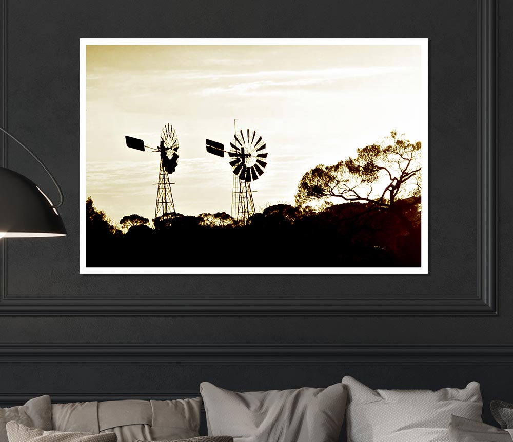 Windmills Sepia Print Poster Wall Art