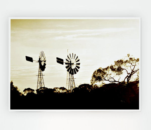 Windmills Sepia Print Poster Wall Art