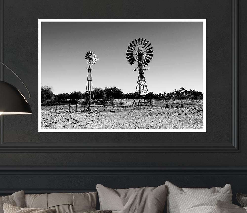 Windmills In The Desert B N W Print Poster Wall Art