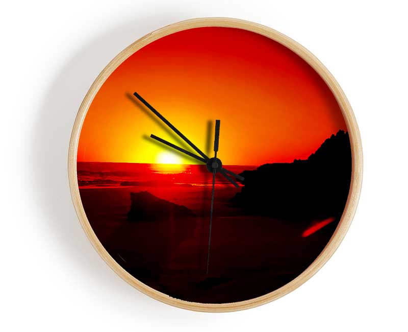 Red Rocky Ocean Sun Blaze Clock - Wallart-Direct UK