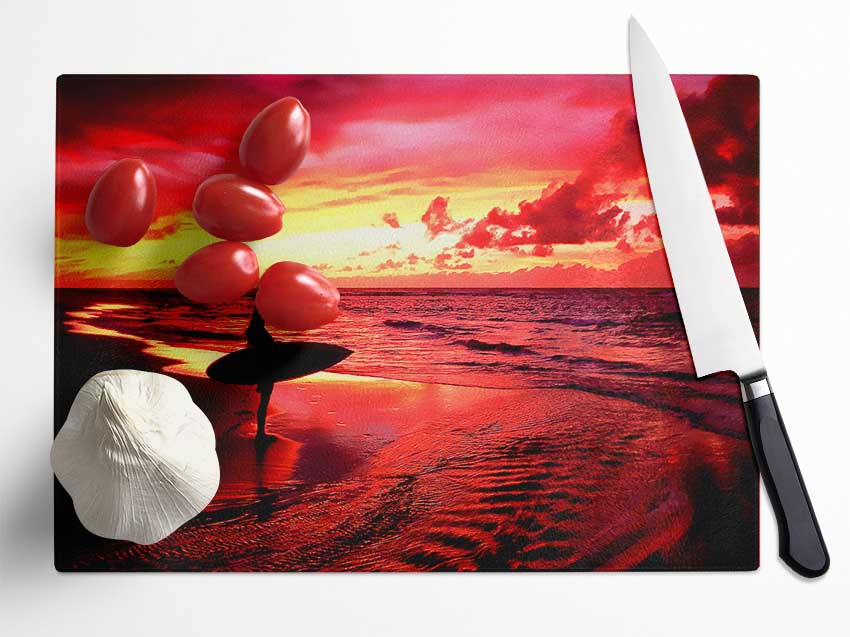 Red Surfer Girl Glass Chopping Board