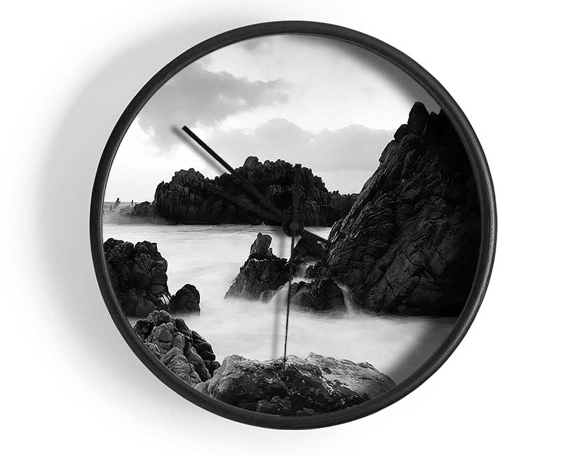 The Ocean Rocks B n W Clock - Wallart-Direct UK