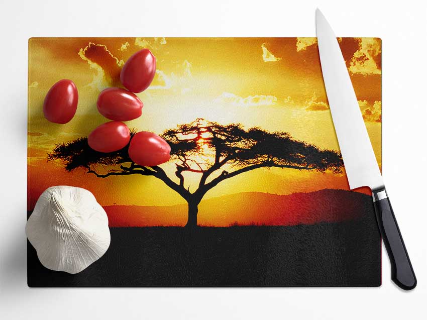 African Tree At Sunset Glass Chopping Board