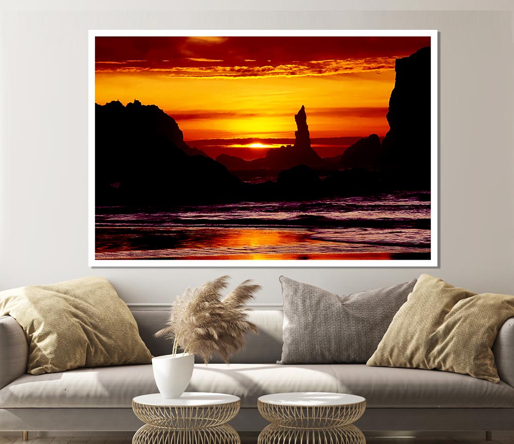 Tranquil Orange Ocean Rocks Print Poster Wall Art