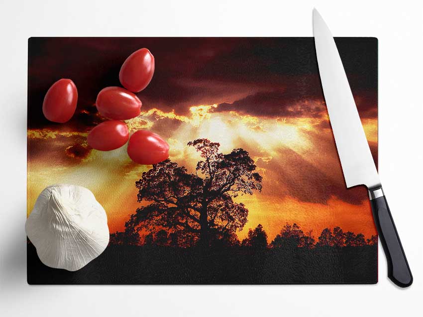 Stunning Cloud Sunrays Over The Morning Tree Glass Chopping Board