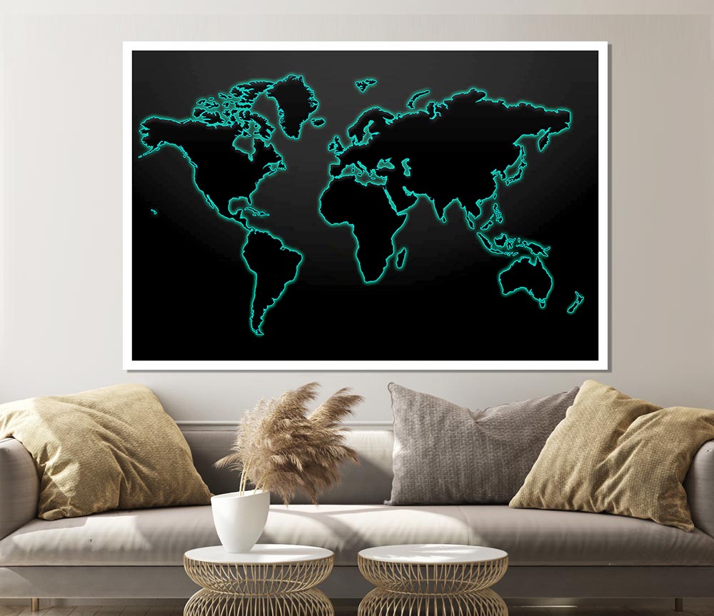 Black World Map Print Poster Wall Art