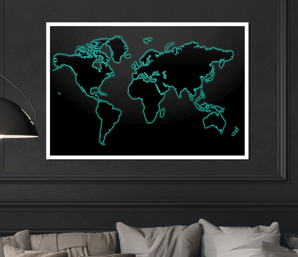 Black World Map Print Poster Wall Art