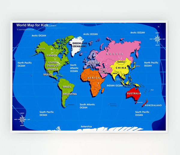 World Map For Kids Print Poster Wall Art