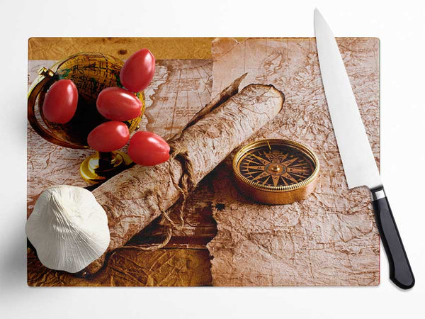 Old Maps And Compass With Globe Glass Chopping Board