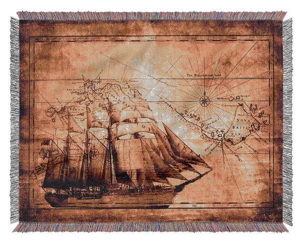 Old World Map With Ship Woven Blanket