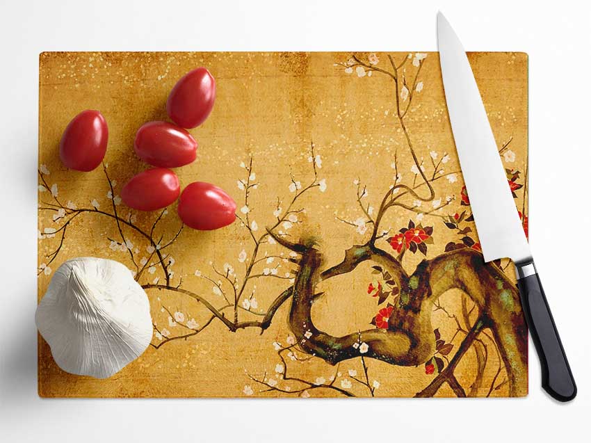 Japanese Flowers Glass Chopping Board