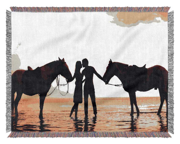 Riding Horses On The Beach Woven Blanket