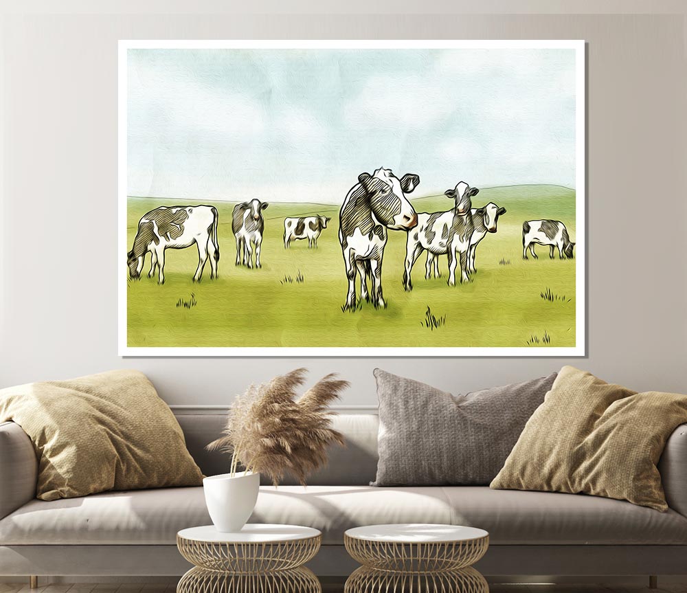 Cows Drawing Print Poster Wall Art