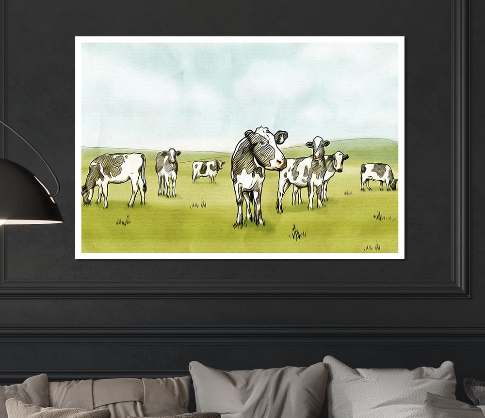 Cows Drawing Print Poster Wall Art