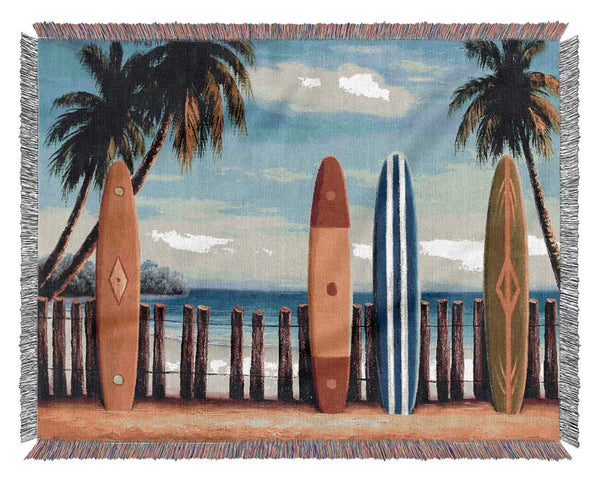 Surfboards On The Fence Woven Blanket