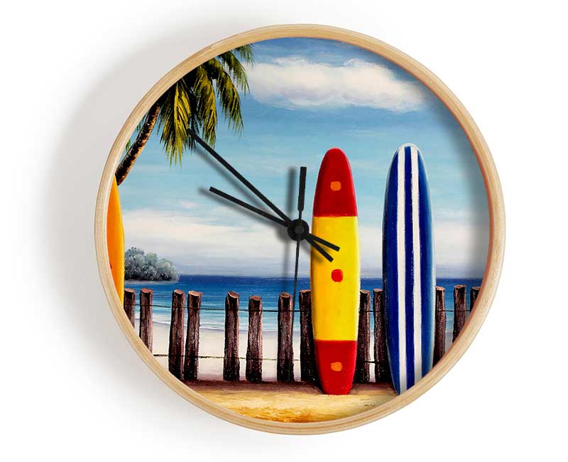 Surfboards On The Fence Clock - Wallart-Direct UK