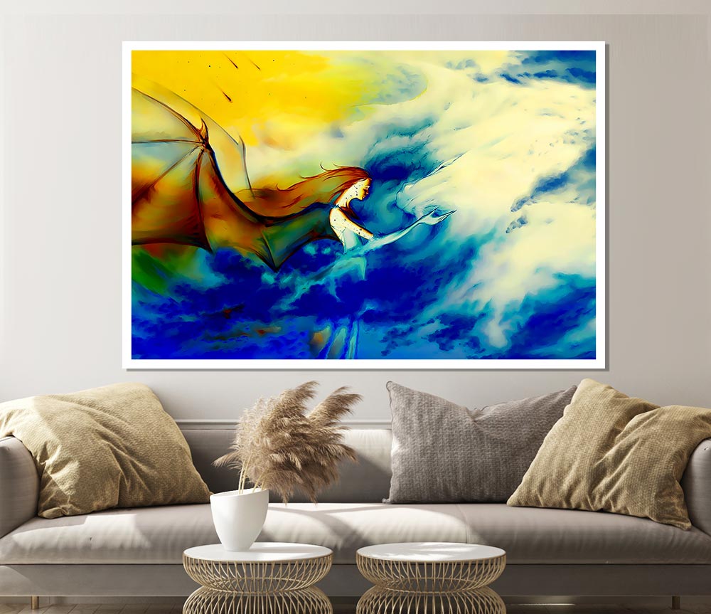 Fairy Dragon Clouds Print Poster Wall Art