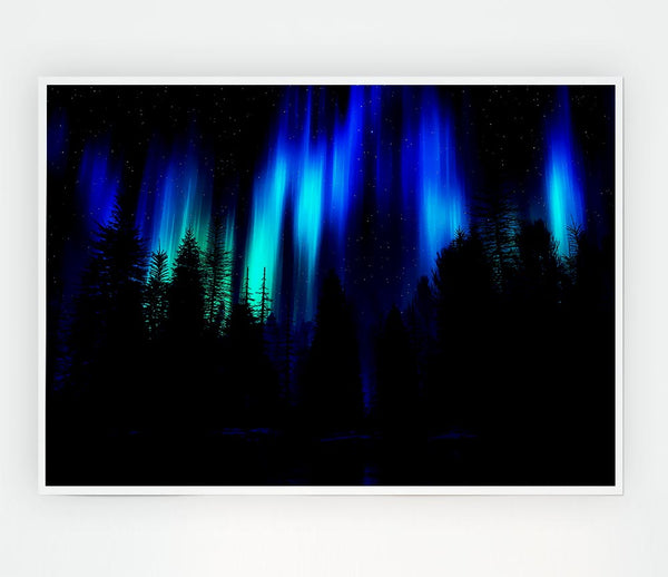 Blue Northern Lights Through The Forest Print Poster Wall Art