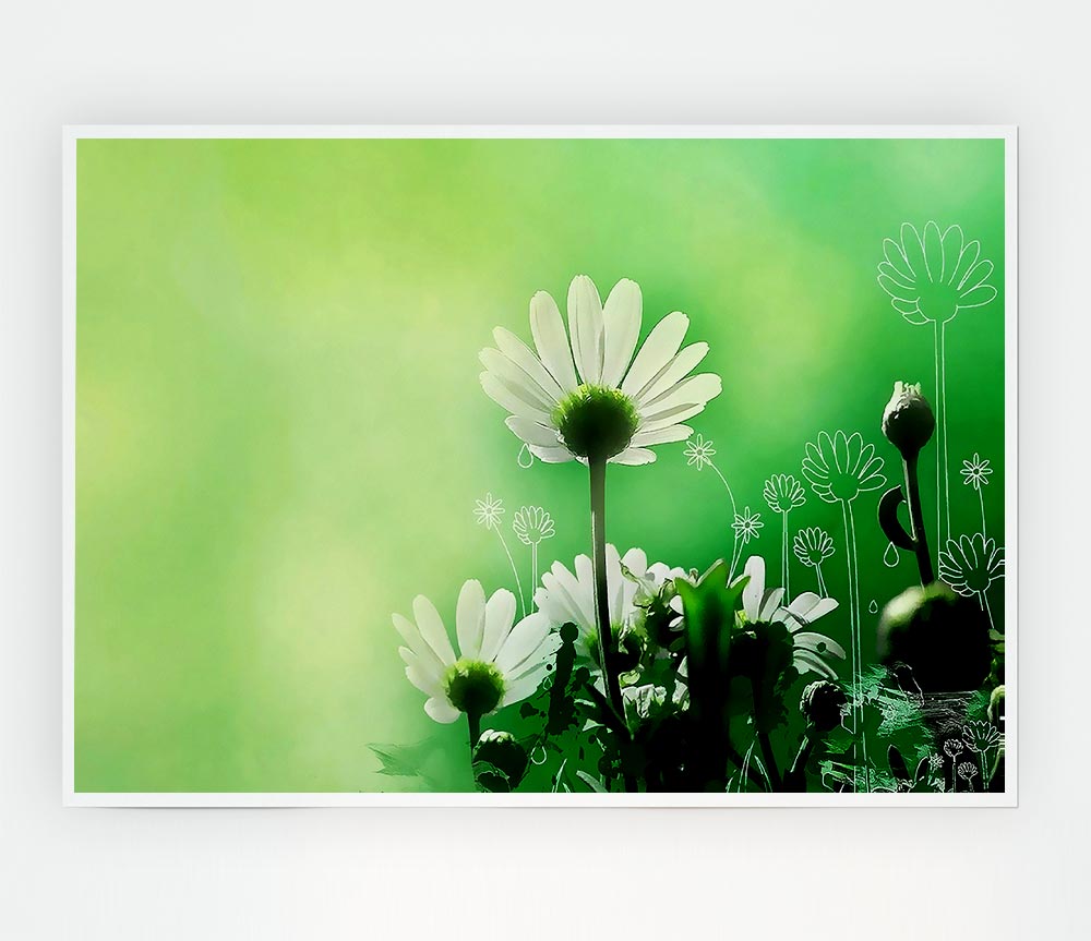 Green Daisy Garden Print Poster Wall Art