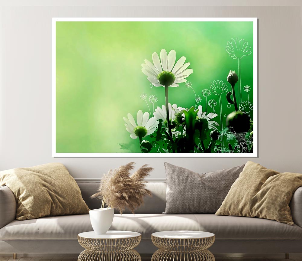 Green Daisy Garden Print Poster Wall Art