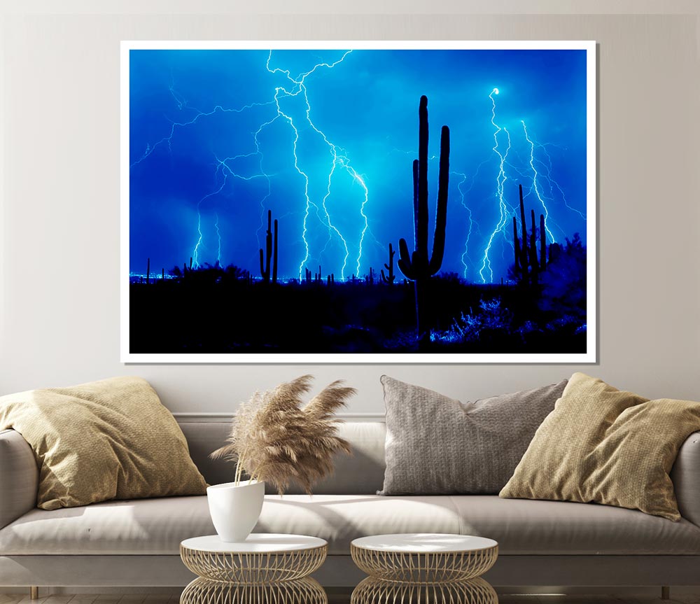 Blue Lightning Storm Print Poster Wall Art