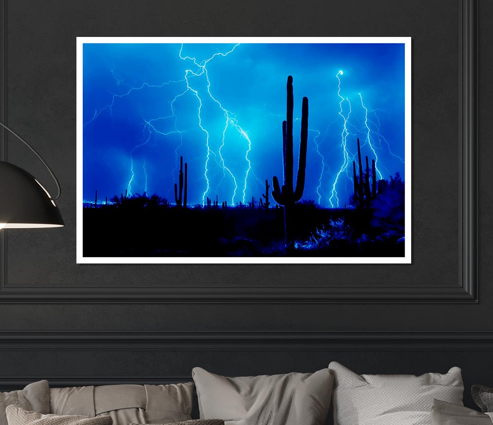 Blue Lightning Storm Print Poster Wall Art