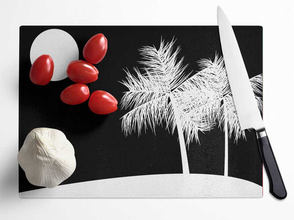 Palm Tree Moon White On Black Glass Chopping Board