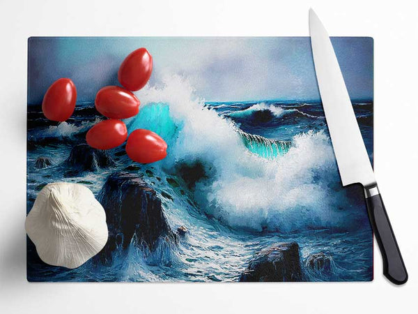 Waves Crashing On The Ocean Rocks Glass Chopping Board