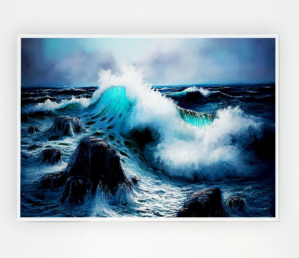 Waves Crashing On The Ocean Rocks Print Poster Wall Art