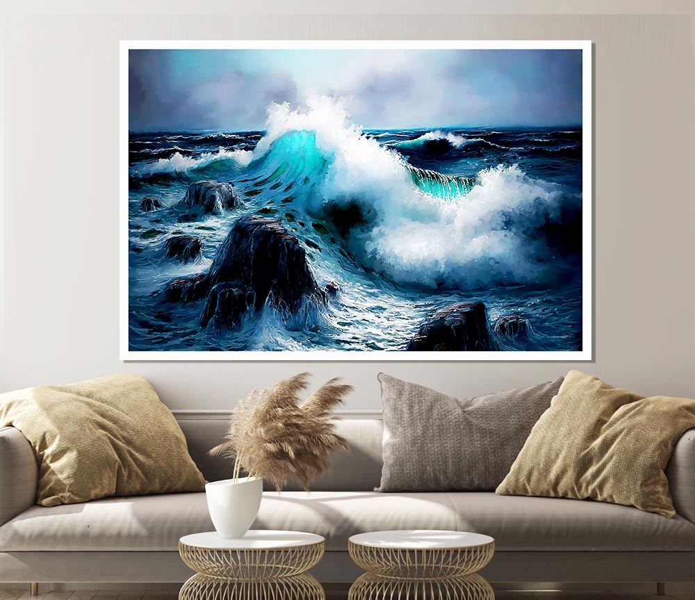 Waves Crashing On The Ocean Rocks Print Poster Wall Art