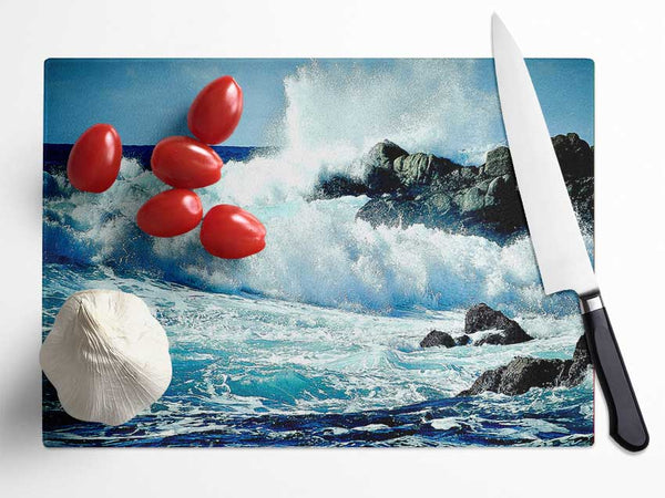 Waves Crashing On Rocks Glass Chopping Board