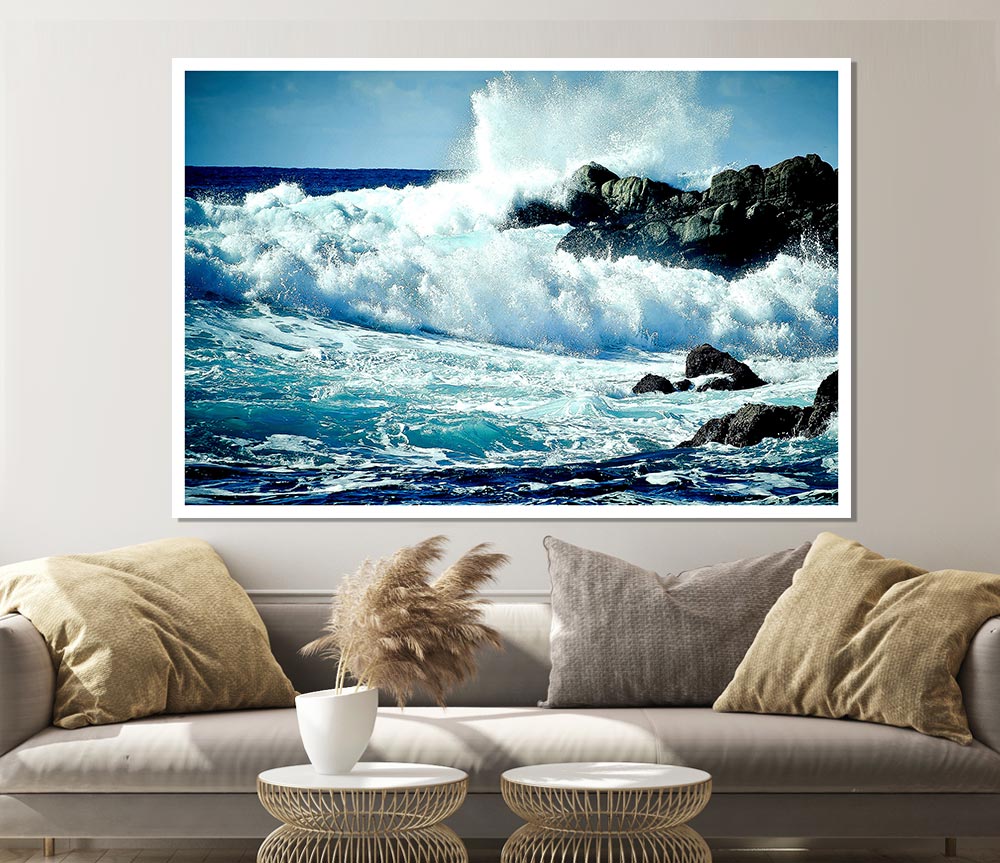 Waves Crashing On Rocks Print Poster Wall Art