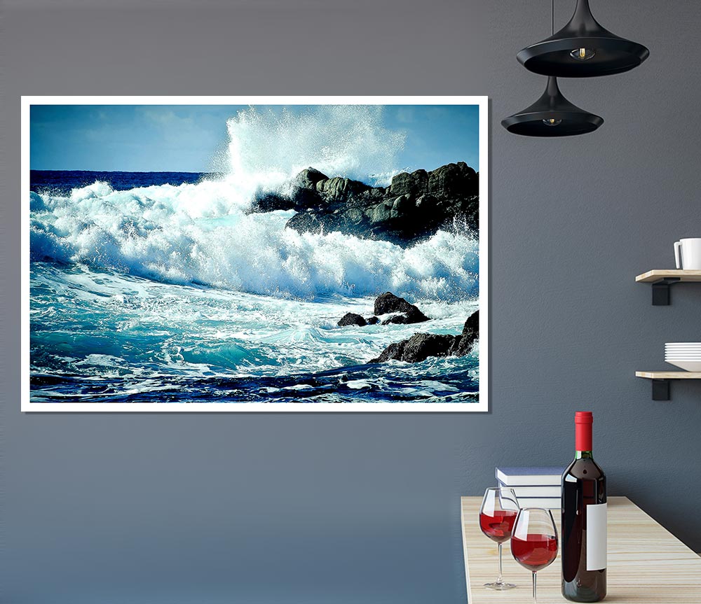 Waves Crashing On Rocks Print Poster Wall Art