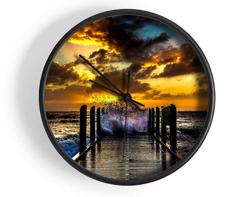 Waves Crashing On The Pier At Sunset Clock - Wallart-Direct UK