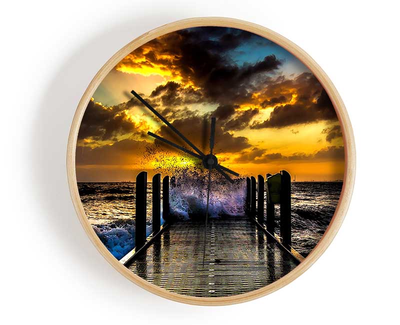 Waves Crashing On The Pier At Sunset Clock - Wallart-Direct UK