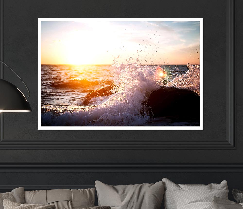 Crashing Waves In The Sunset Print Poster Wall Art