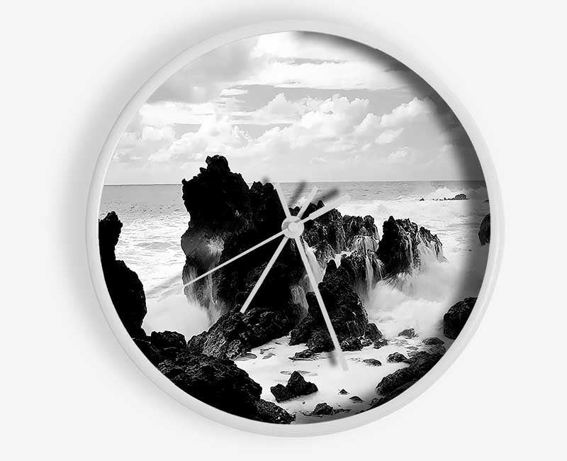 Crashing Waves Over Rocks B n W Clock - Wallart-Direct UK