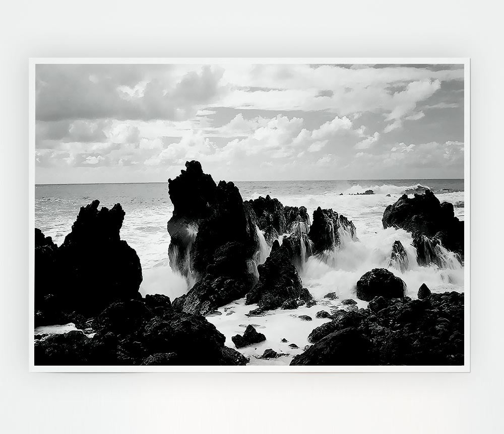 Crashing Waves Over Rocks B N W Print Poster Wall Art