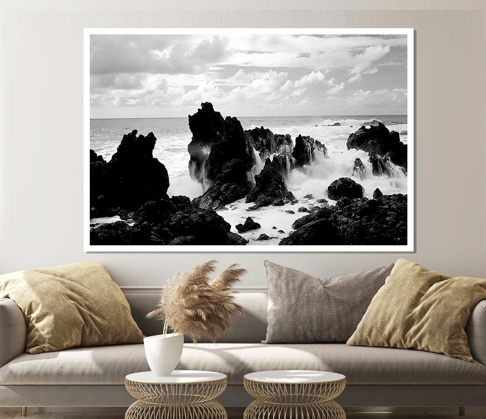 Crashing Waves Over Rocks B N W Print Poster Wall Art