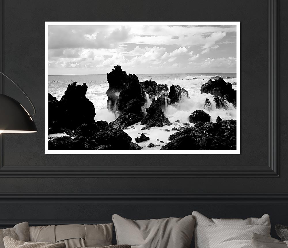 Crashing Waves Over Rocks B N W Print Poster Wall Art