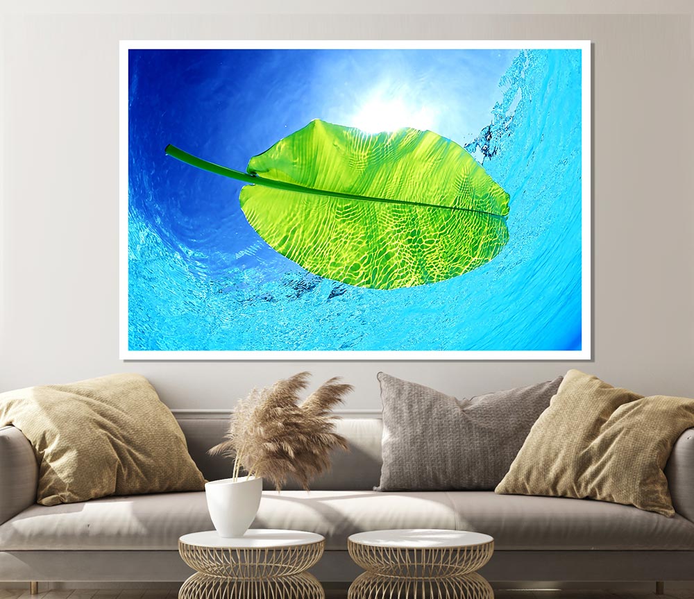 Blue Waters Of A Green Leaf Print Poster Wall Art