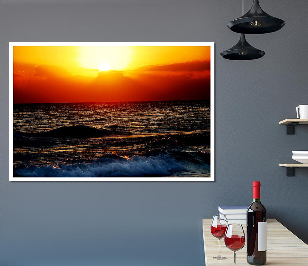 Blazing Sun Over The Crystal Ocean Print Poster Wall Art