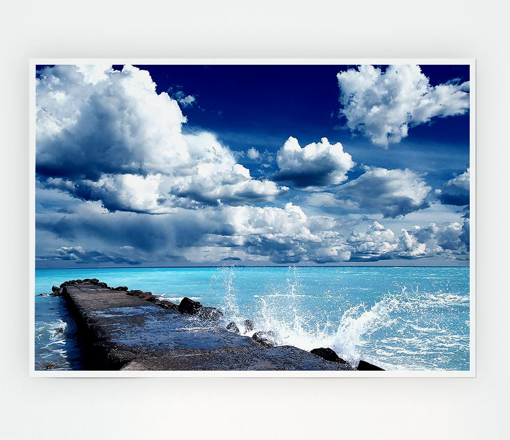 Gentle Waves Crashing In The Cloud Filled Sky Print Poster Wall Art