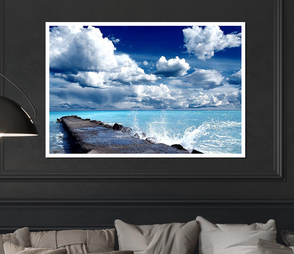 Gentle Waves Crashing In The Cloud Filled Sky Print Poster Wall Art