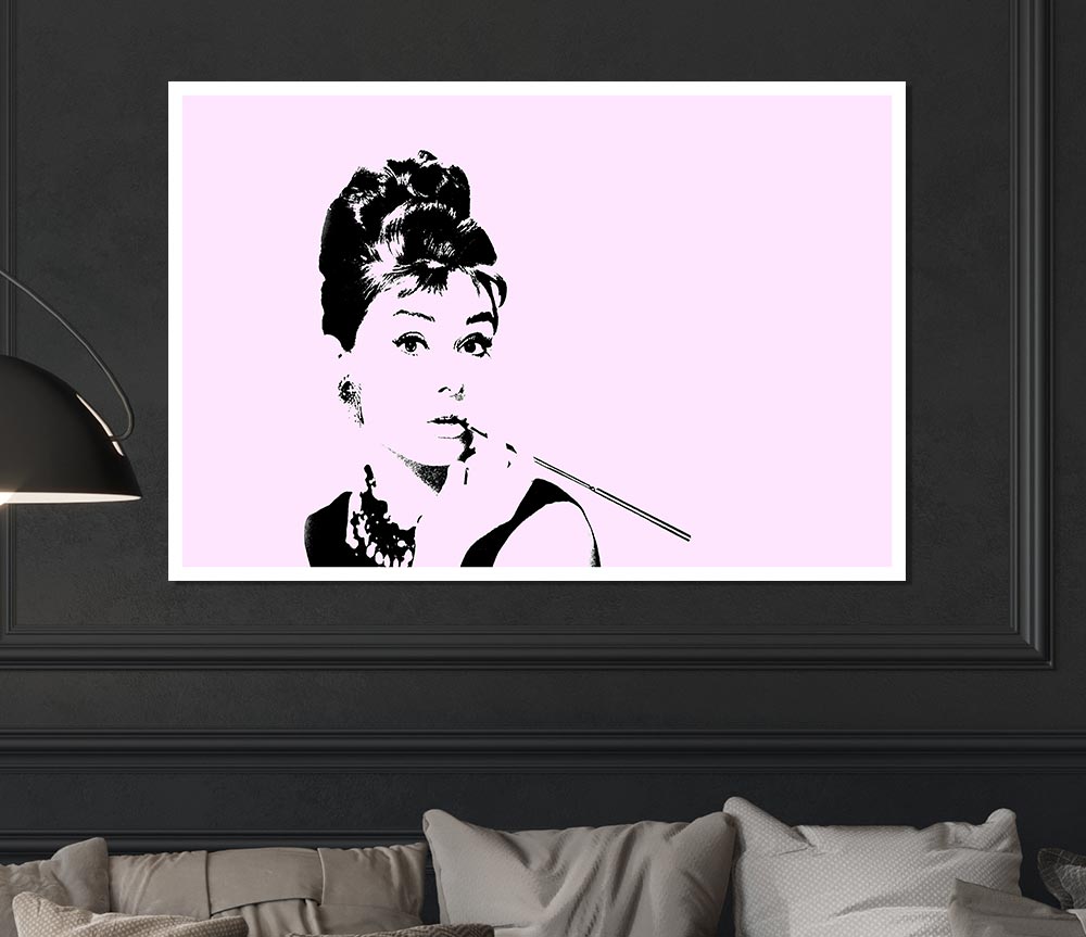 Audrey Hepburn Cigarette Pose Pink Print Poster Wall Art