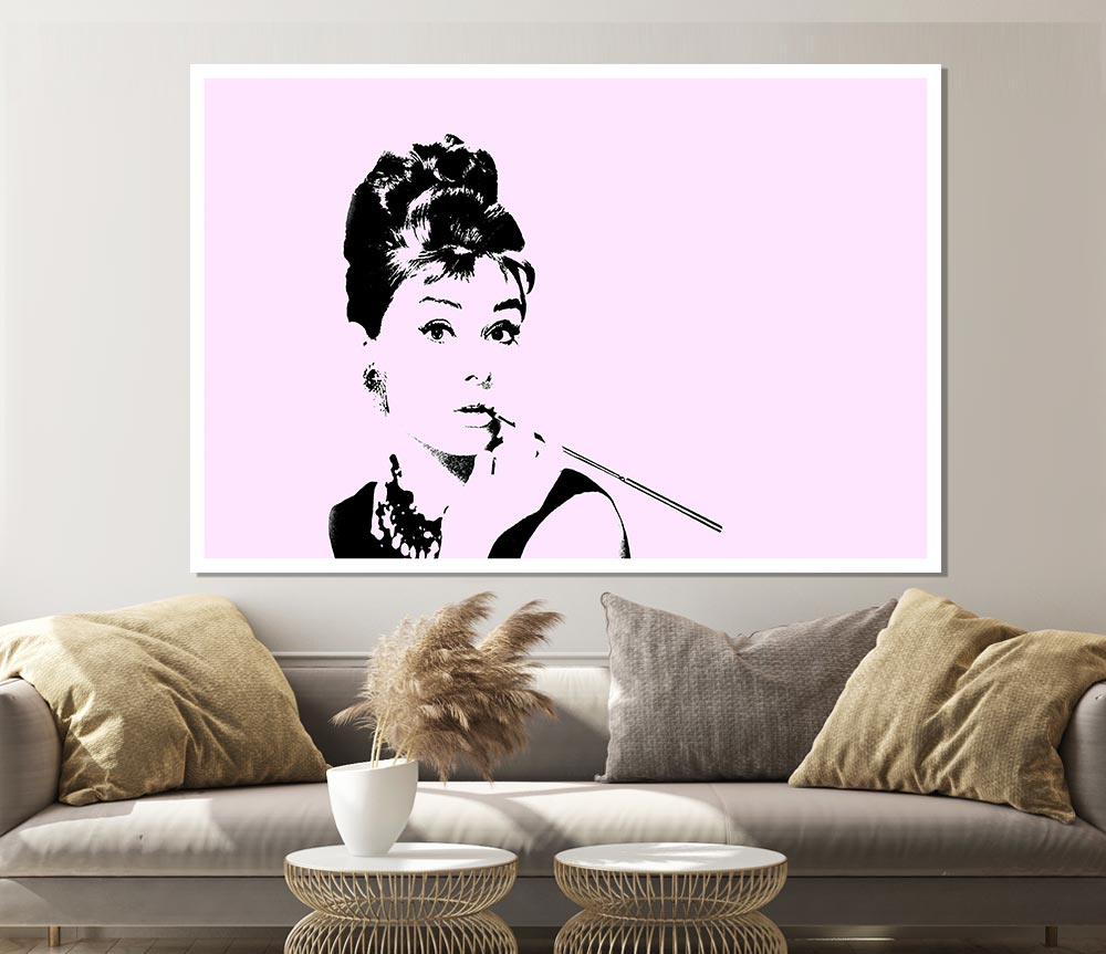 Audrey Hepburn Cigarette Pose Pink Print Poster Wall Art