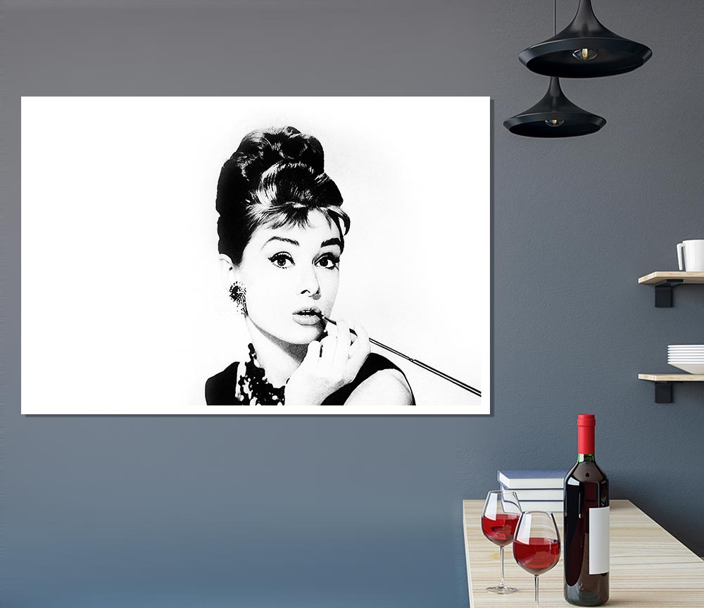 Audrey Hepburn Cigarette Pose White Print Poster Wall Art