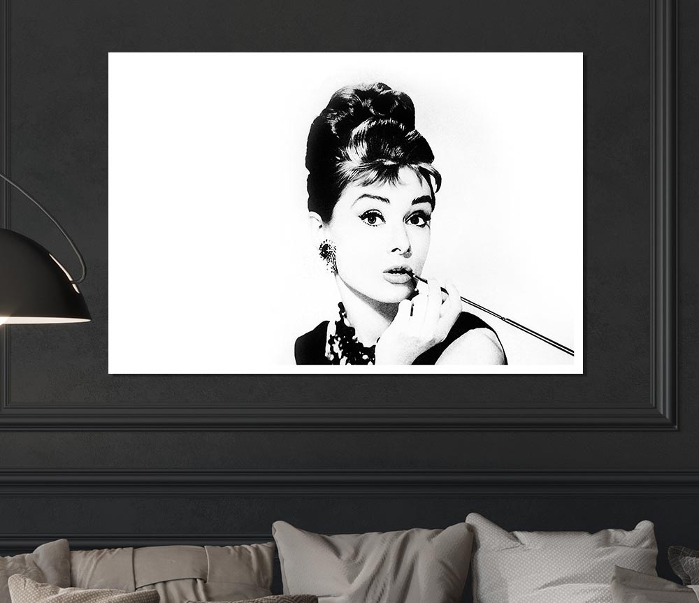 Audrey Hepburn Cigarette Pose White Print Poster Wall Art