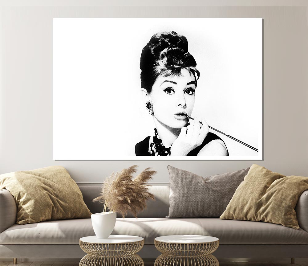 Audrey Hepburn Cigarette Pose White Print Poster Wall Art